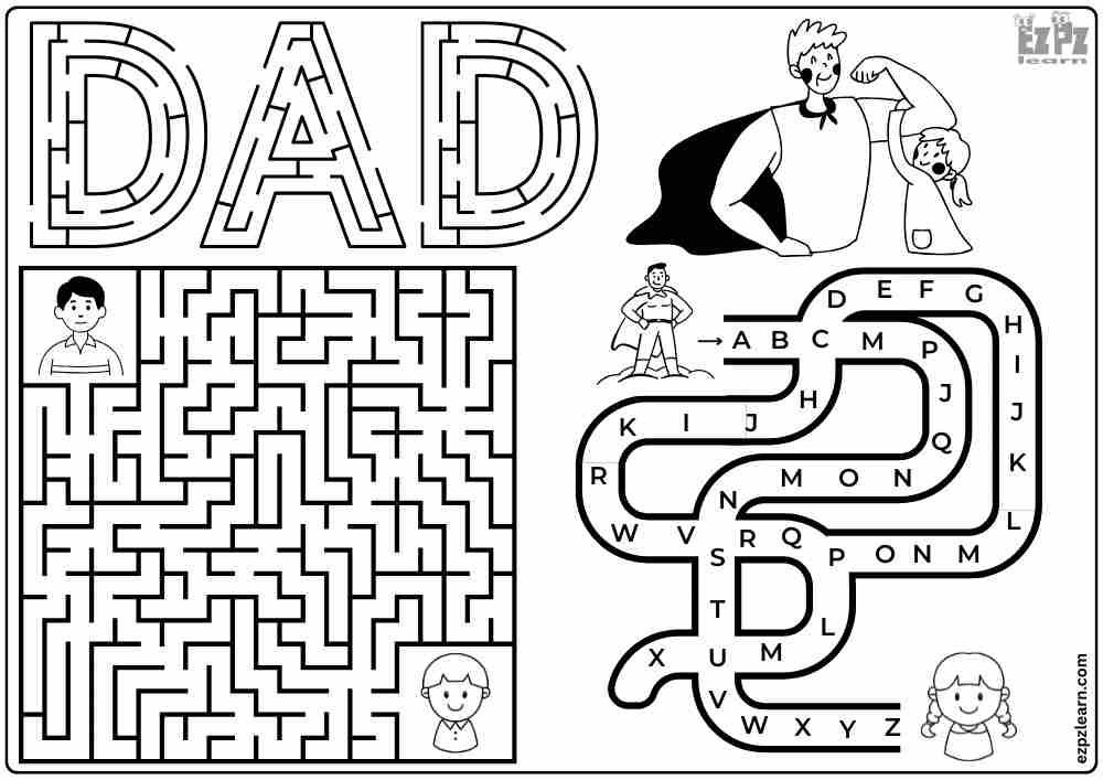 Father's Day Mazes. D-A-D letter maze. Alphabet maze Help the father find his children.